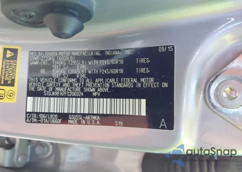 2015 Toyota Highlander Xle z USA, uszkodzony, nr VIN 5TDJKRFH7FS206924